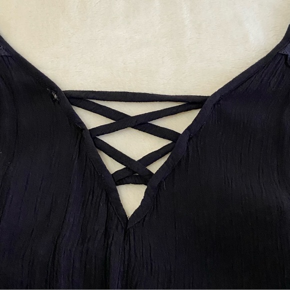 ROXY / Black Gauze Slip Dress Mini Size L Crochet Lace - Picture 10 of 15